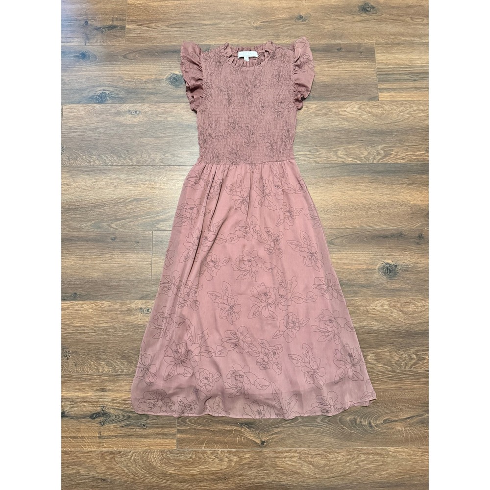 Sweet Rain Smocked Floral Midi Dress Mauve Purple Ruffle Flutter Sleeve Small